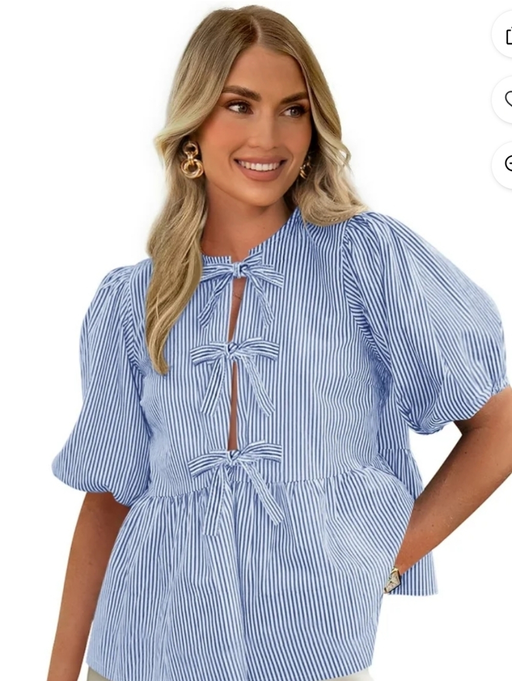 NWT Pretty Garden Blue Striped Bow-Front Puff Sleeve Top Blouse Size Large